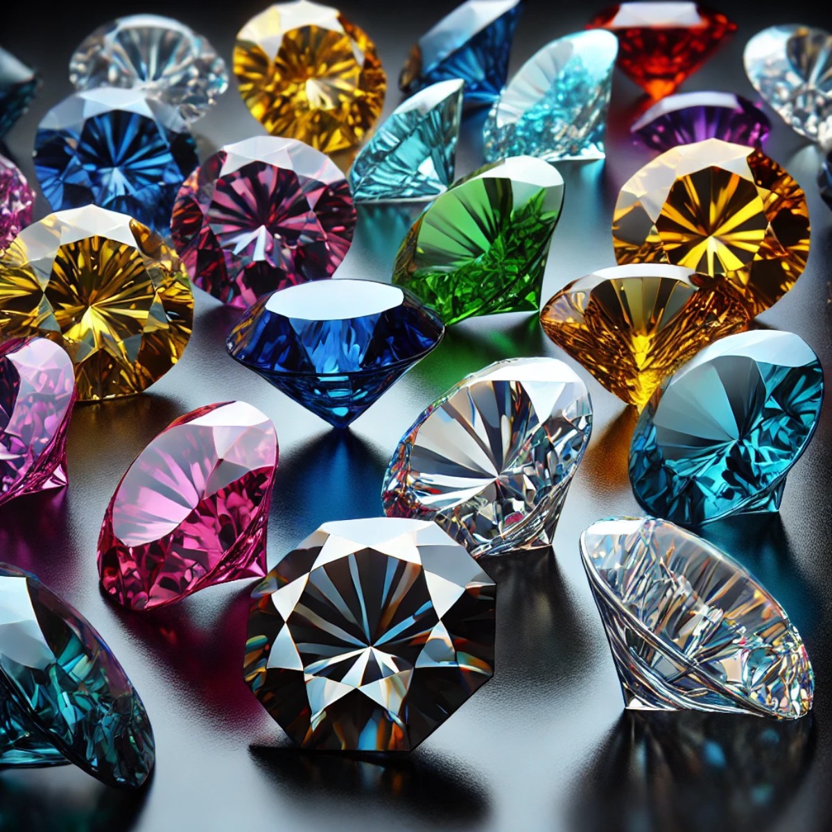 Collection de diamants de couleur éclatants : bleu, rouge, vert, jaune et rose. Ces pierres précieuses illustrent la rareté et la beauté des diamants colorés.